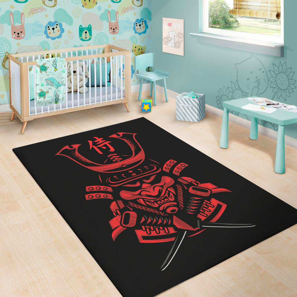 Red Samurai Mask Print Area Rug