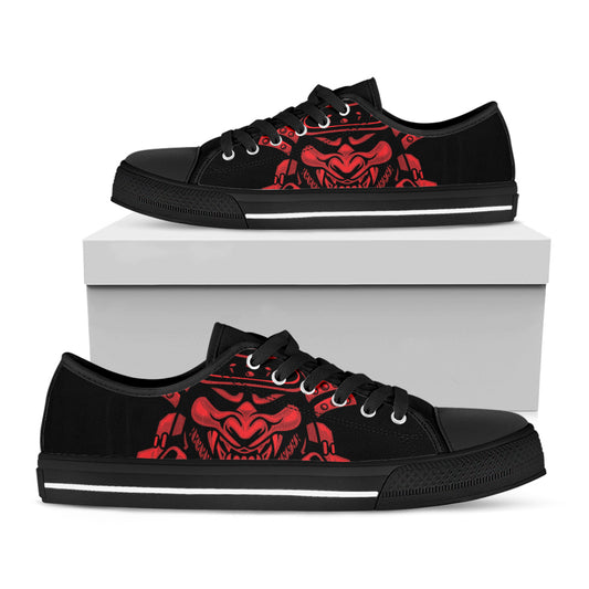 Red Samurai Mask Print Black Low Top Shoes 
