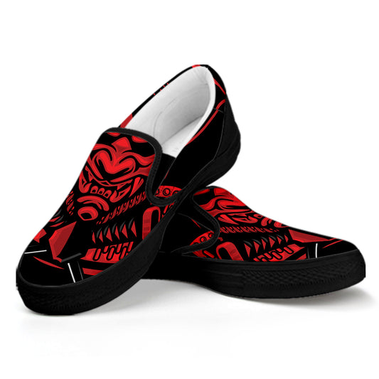 Red Samurai Mask Print Black Slip On Shoes