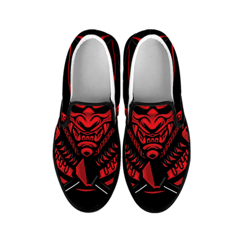 Red Samurai Mask Print Black Slip On Shoes