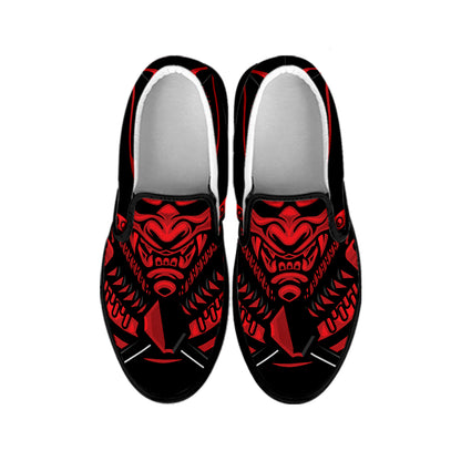Red Samurai Mask Print Black Slip On Shoes