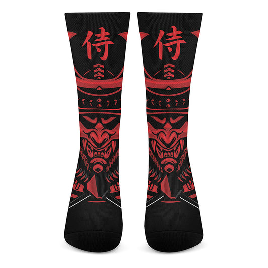 Red Samurai Mask Print Crew Socks