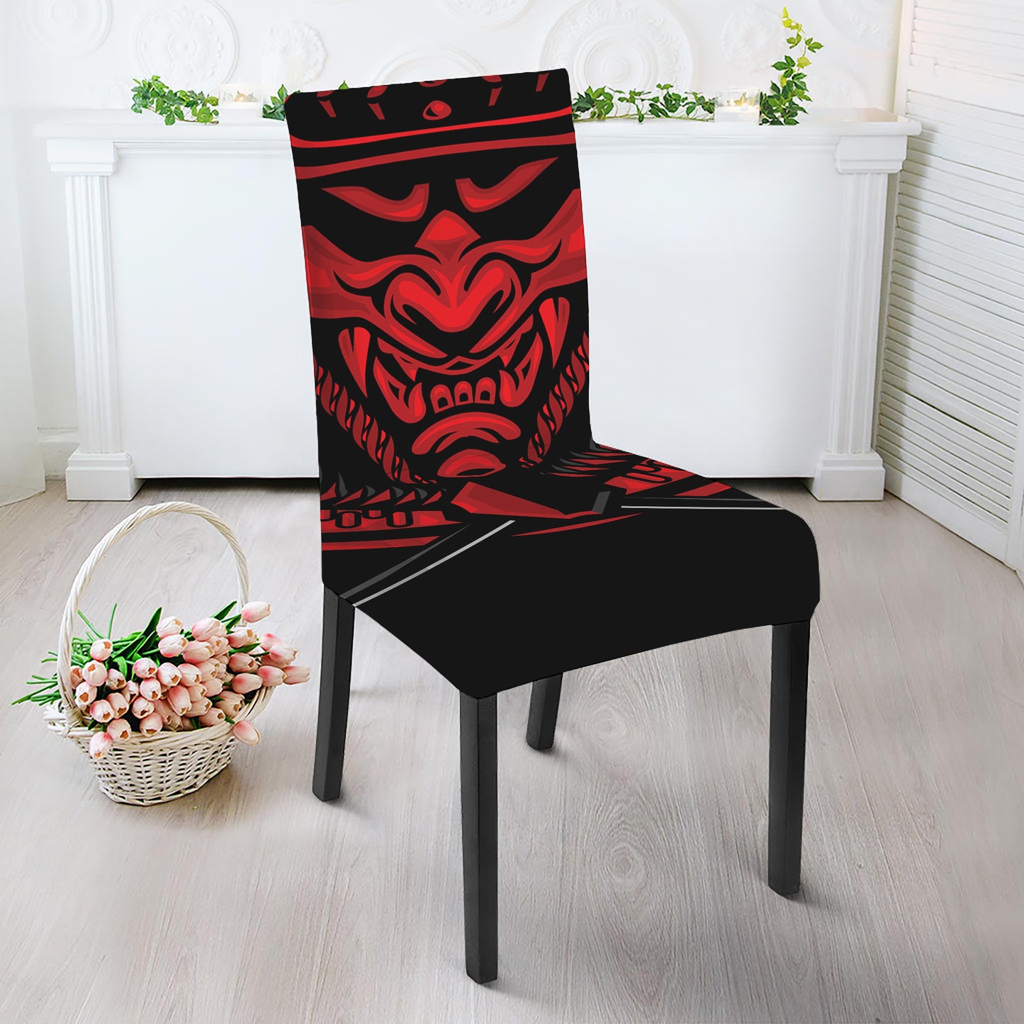 Red Samurai Mask Print Dining Chair Slipcover