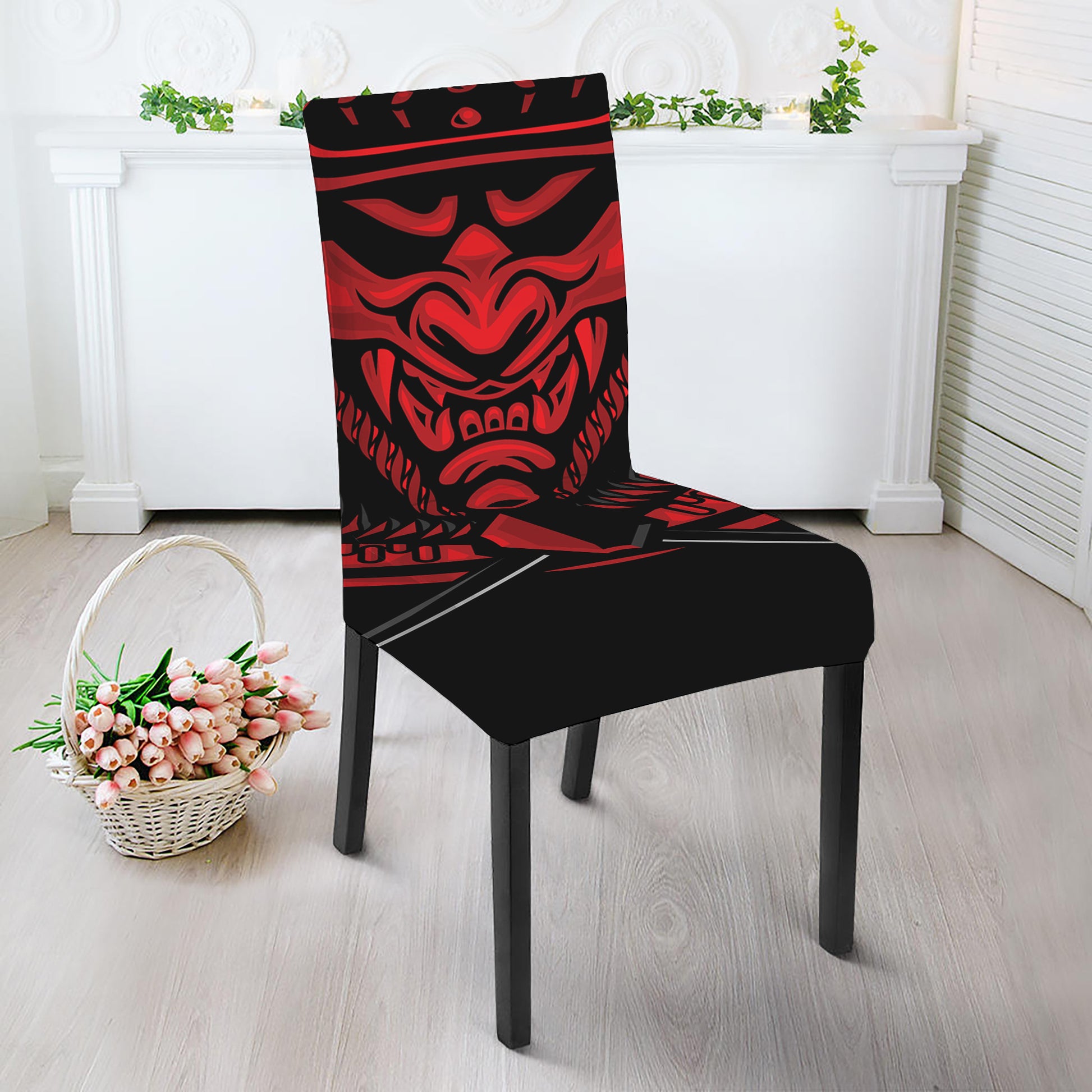 Red Samurai Mask Print Dining Chair Slipcover