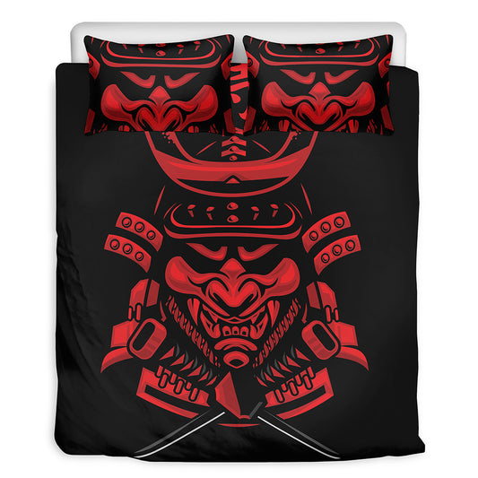 Red Samurai Mask Print Duvet Cover Bedding Set