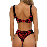 Red Samurai Mask Print Front Bow Tie Bikini