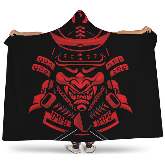 Red Samurai Mask Print Hooded Blanket