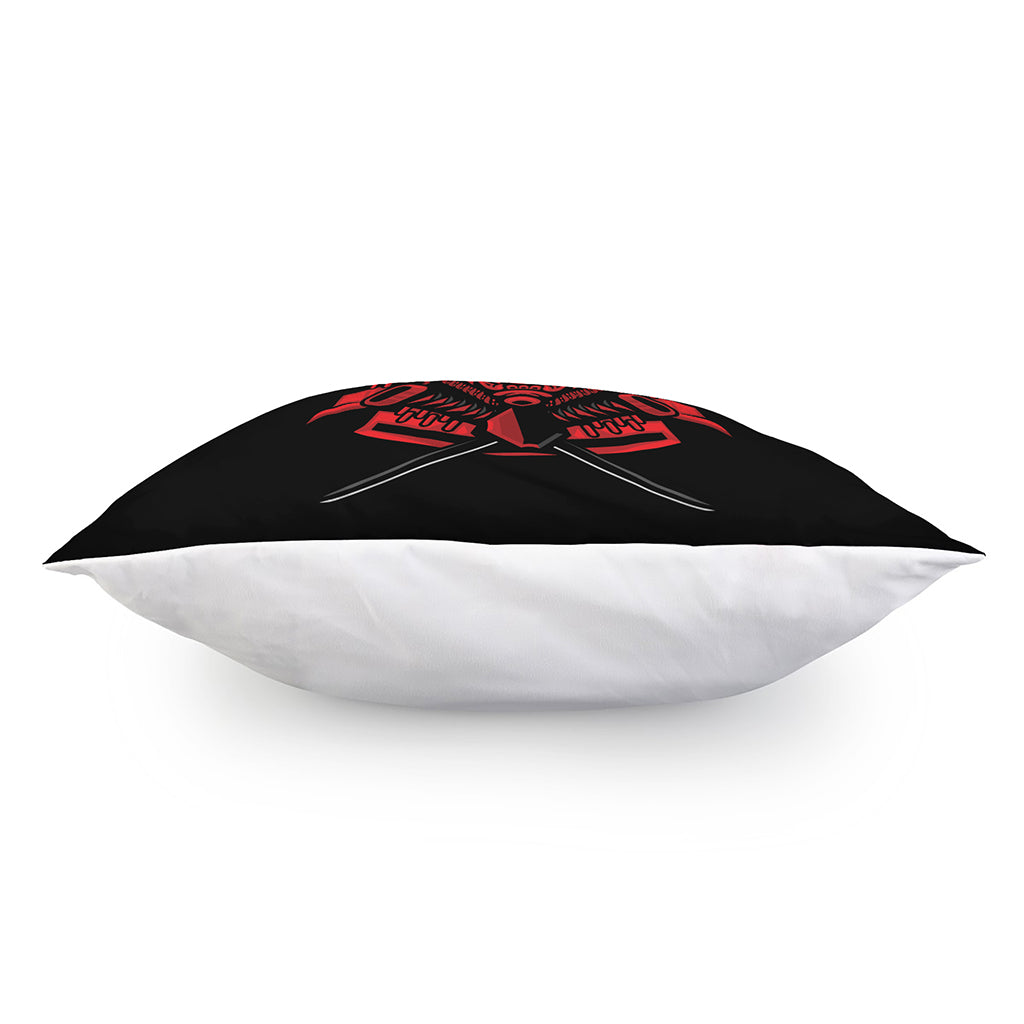 Red Samurai Mask Print Pillow Cover