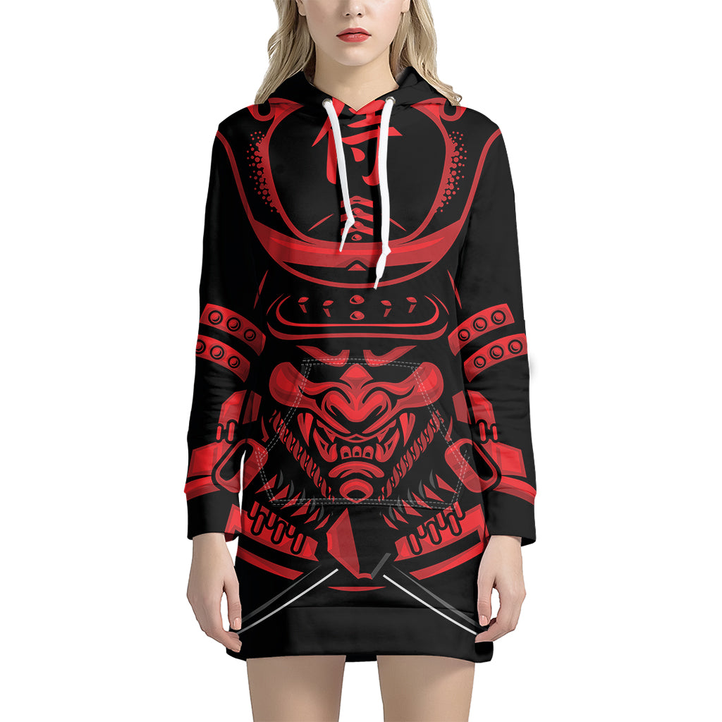 Red Samurai Mask Print Pullover Hoodie Dress