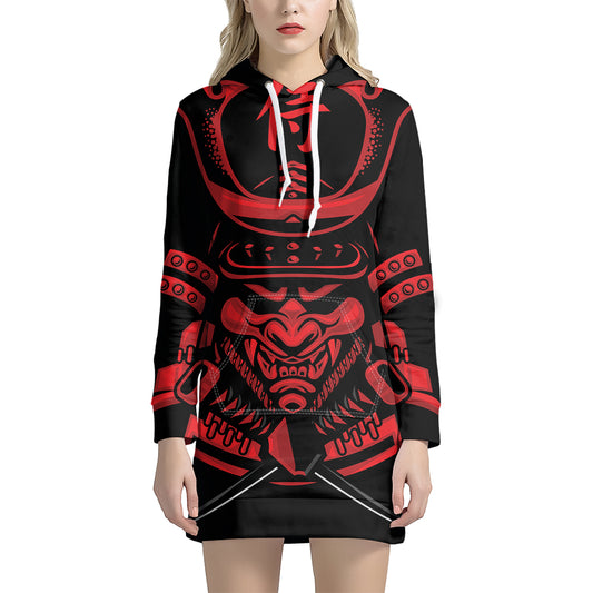 Red Samurai Mask Print Pullover Hoodie Dress