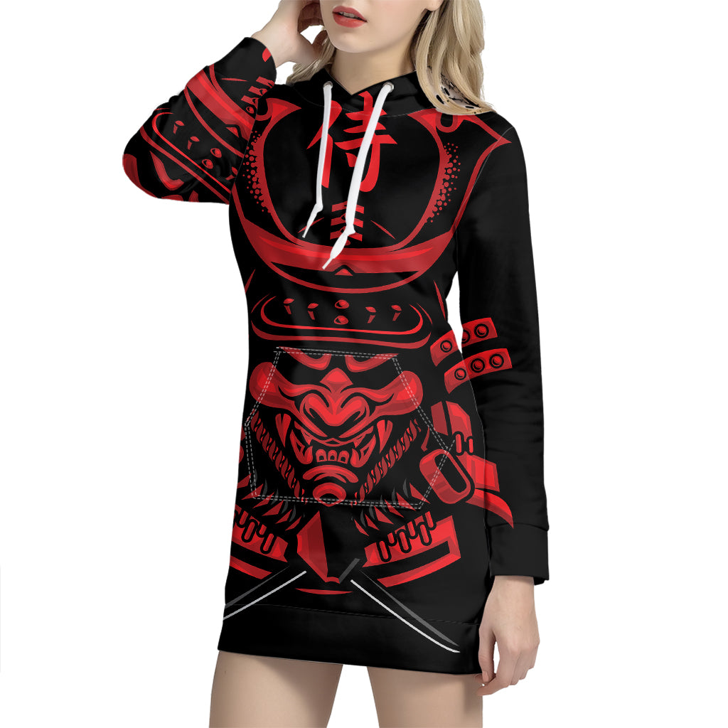 Red Samurai Mask Print Pullover Hoodie Dress