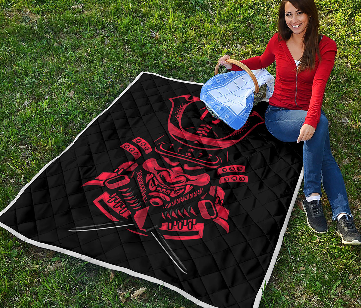 Red Samurai Mask Print Quilt