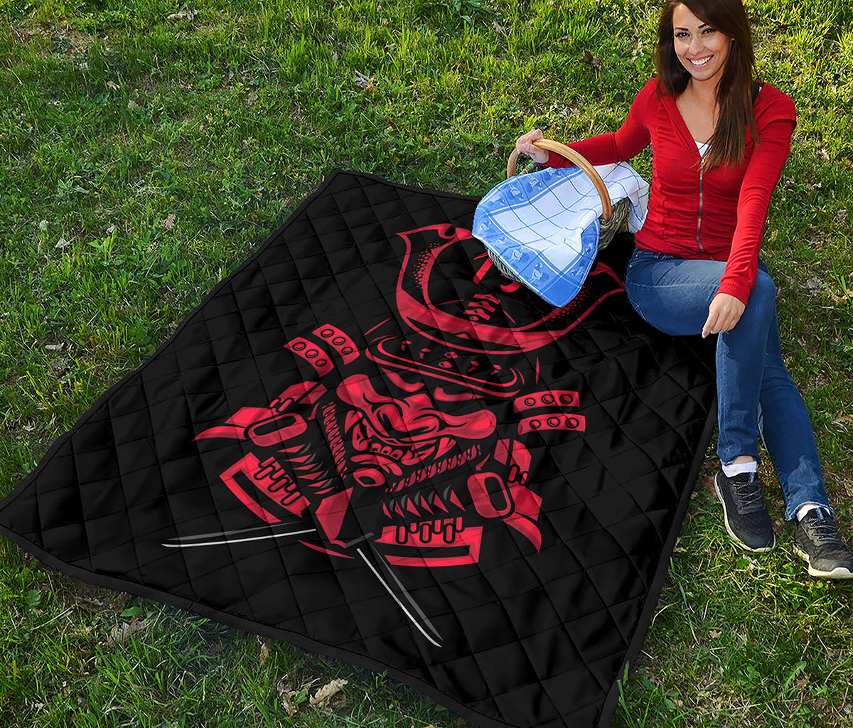 Red Samurai Mask Print Quilt