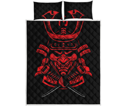 Red Samurai Mask Print Quilt Bed Set