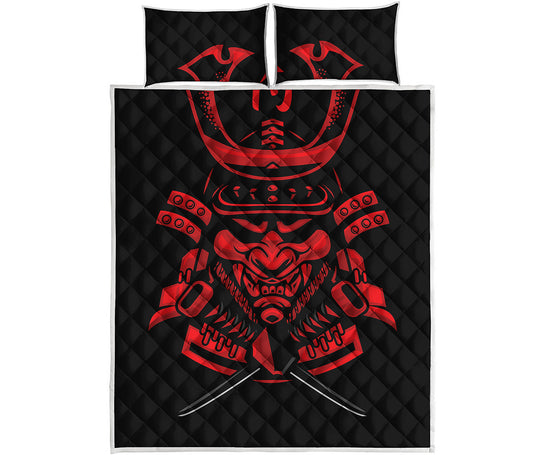 Red Samurai Mask Print Quilt Bed Set
