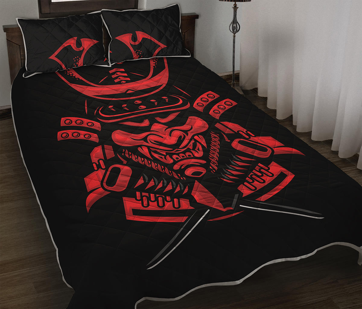 Red Samurai Mask Print Quilt Bed Set