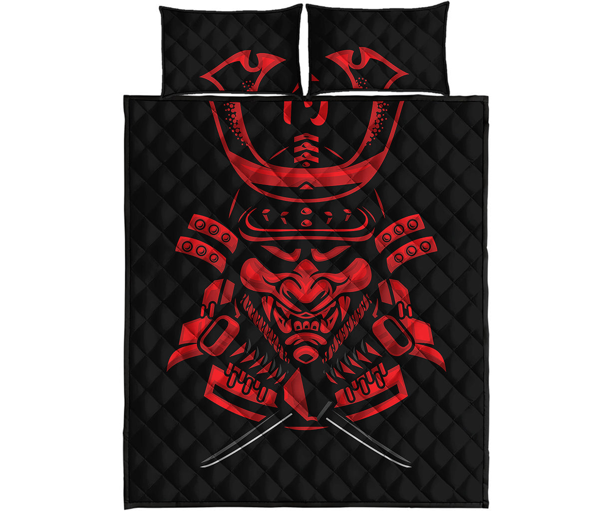 Red Samurai Mask Print Quilt Bed Set