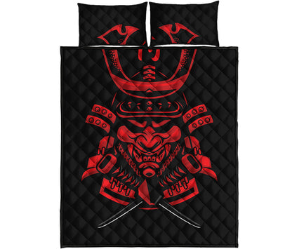 Red Samurai Mask Print Quilt Bed Set