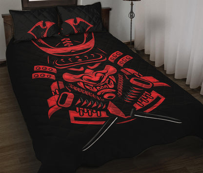 Red Samurai Mask Print Quilt Bed Set