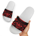 Red Samurai Mask Print White Slide Sandals