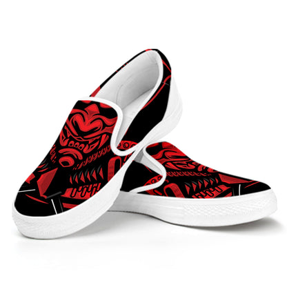 Red Samurai Mask Print White Slip On Shoes
