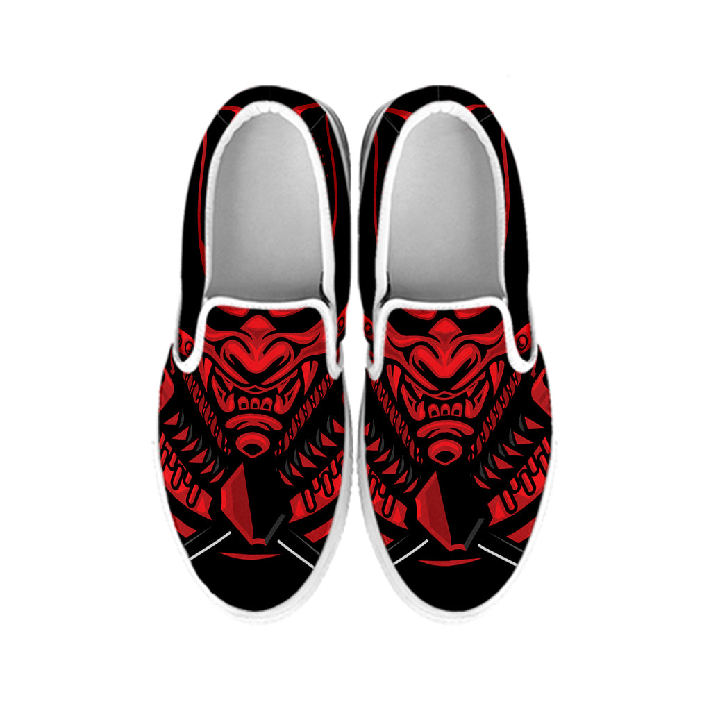 Red Samurai Mask Print White Slip On Shoes