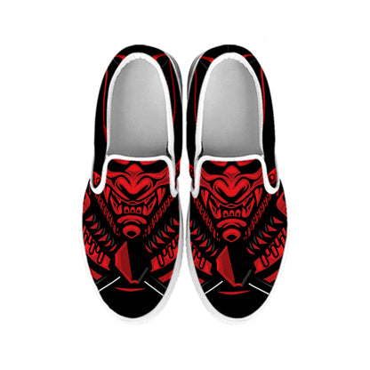 Red Samurai Mask Print White Slip On Shoes