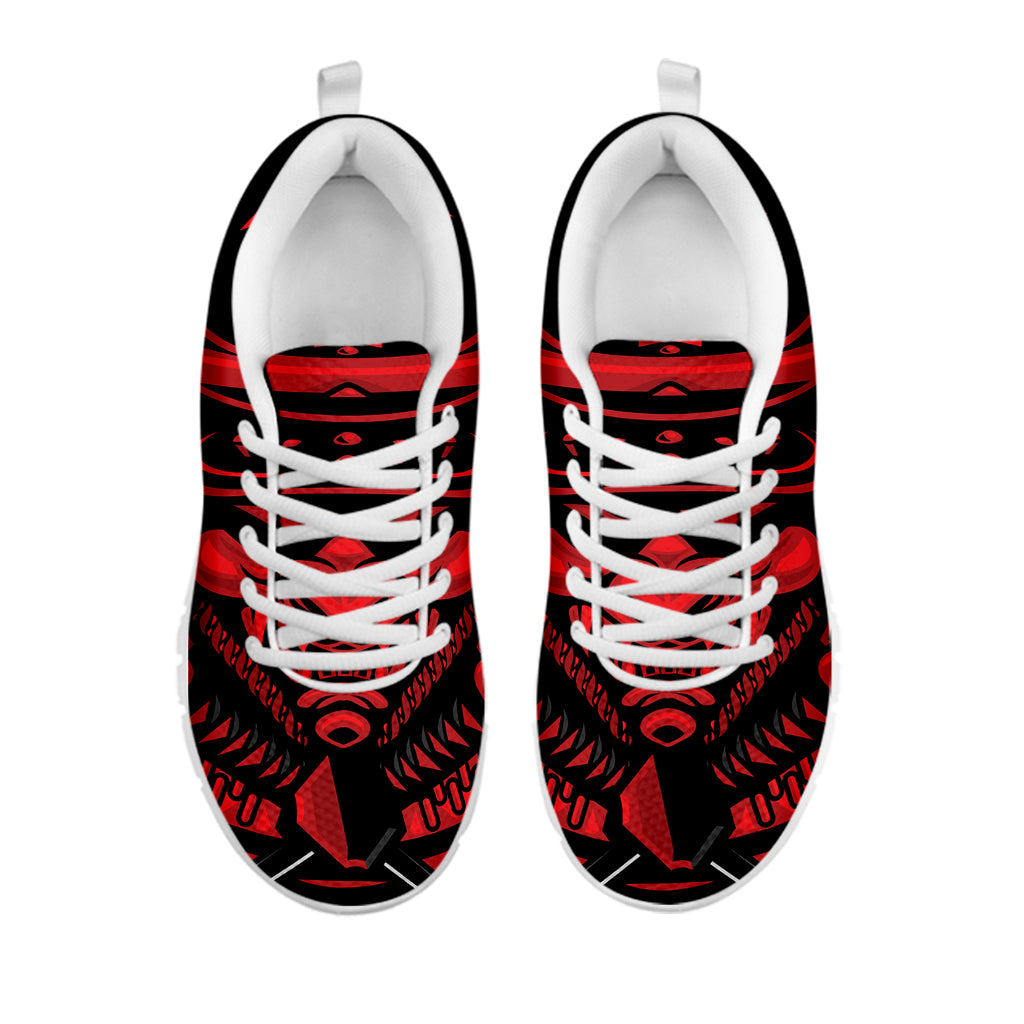 Red Samurai Mask Print White Sneakers
