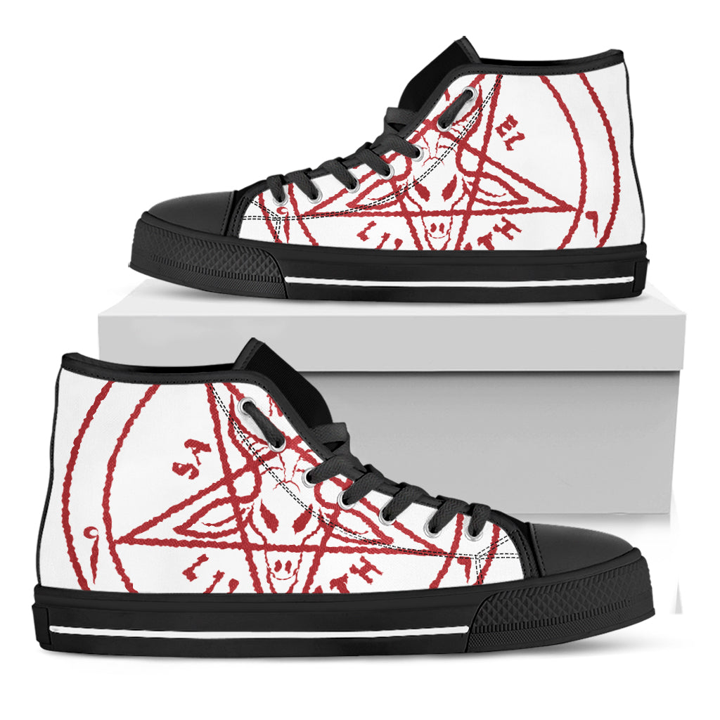 Red Satanic Pentagram Symbol Print Black High Top Shoes