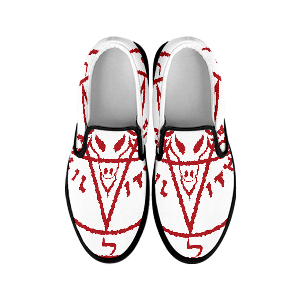 Red Satanic Pentagram Symbol Print Black Slip On Shoes