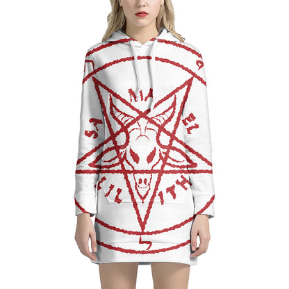 Red Satanic Pentagram Symbol Print Pullover Hoodie Dress