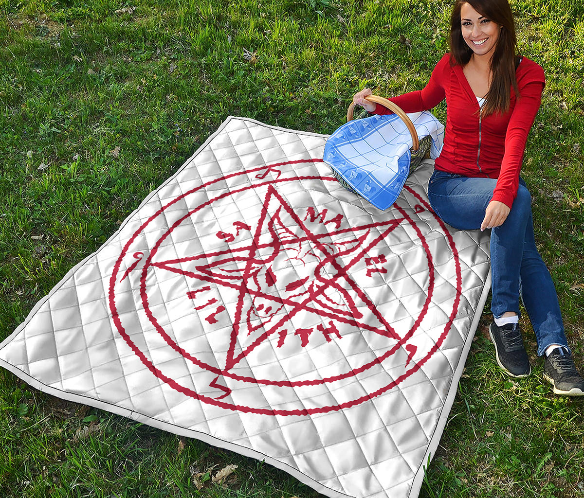 Red Satanic Pentagram Symbol Print Quilt