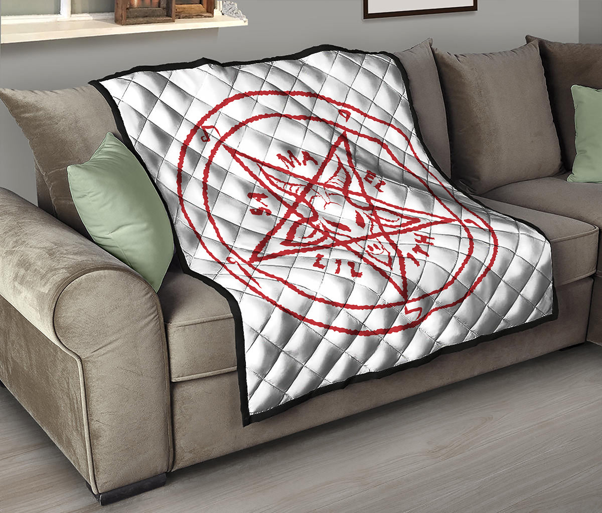 Red Satanic Pentagram Symbol Print Quilt