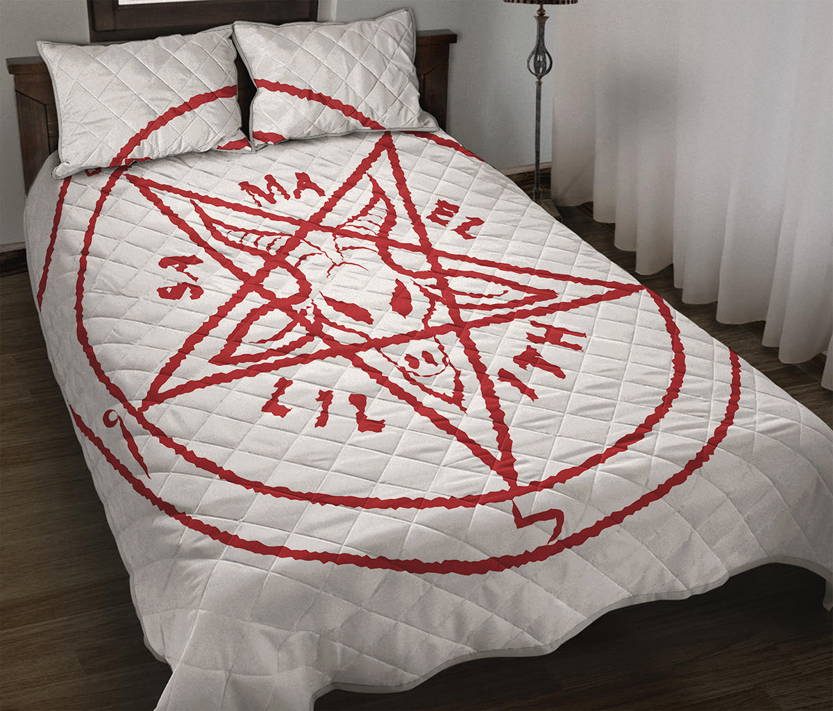 Red Satanic Pentagram Symbol Print Quilt Bed Set