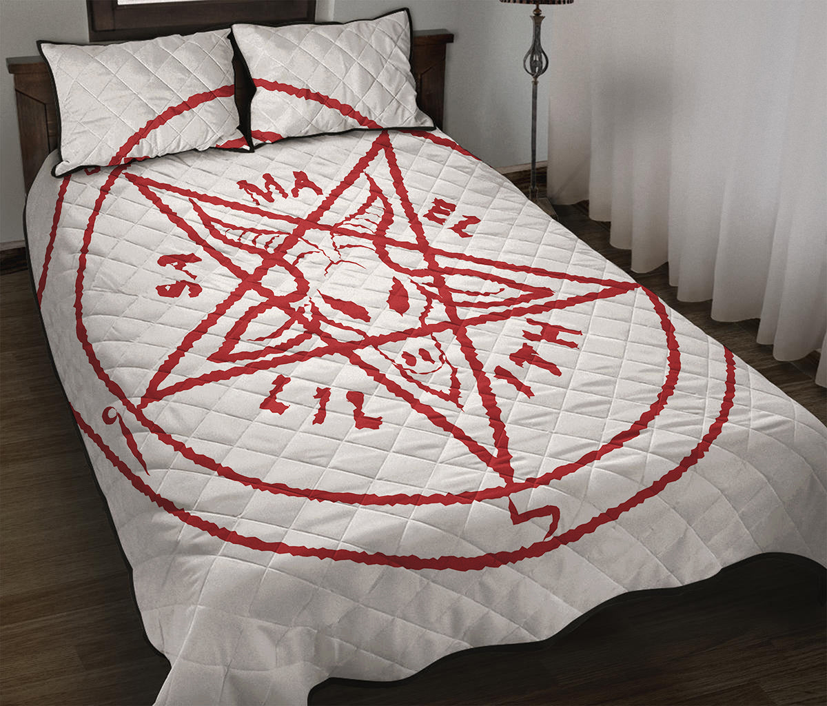 Red Satanic Pentagram Symbol Print Quilt Bed Set