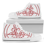 Red Satanic Pentagram Symbol Print White High Top Shoes