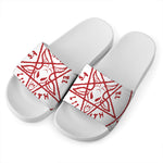 Red Satanic Pentagram Symbol Print White Slide Sandals
