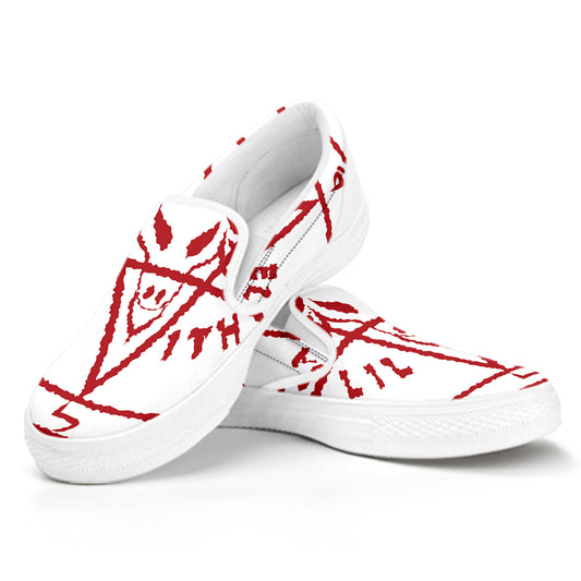 Red Satanic Pentagram Symbol Print White Slip On Shoes