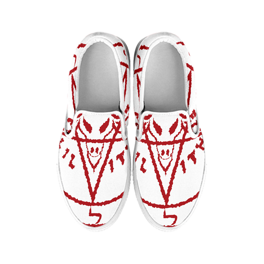 Red Satanic Pentagram Symbol Print White Slip On Shoes