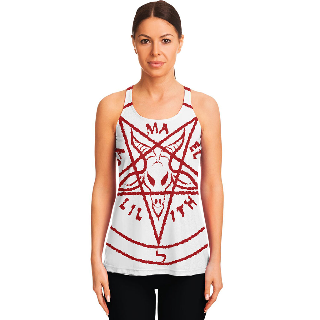 Red Satanic Pentagram Symbol Print Women's Racerback Tank Top