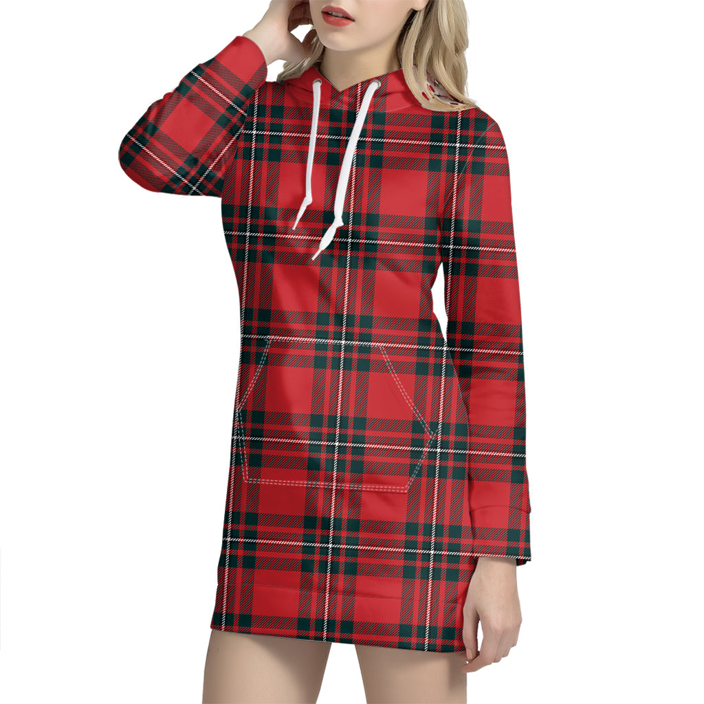 Red Scottish Tartan Pattern Print Hoodie Dress