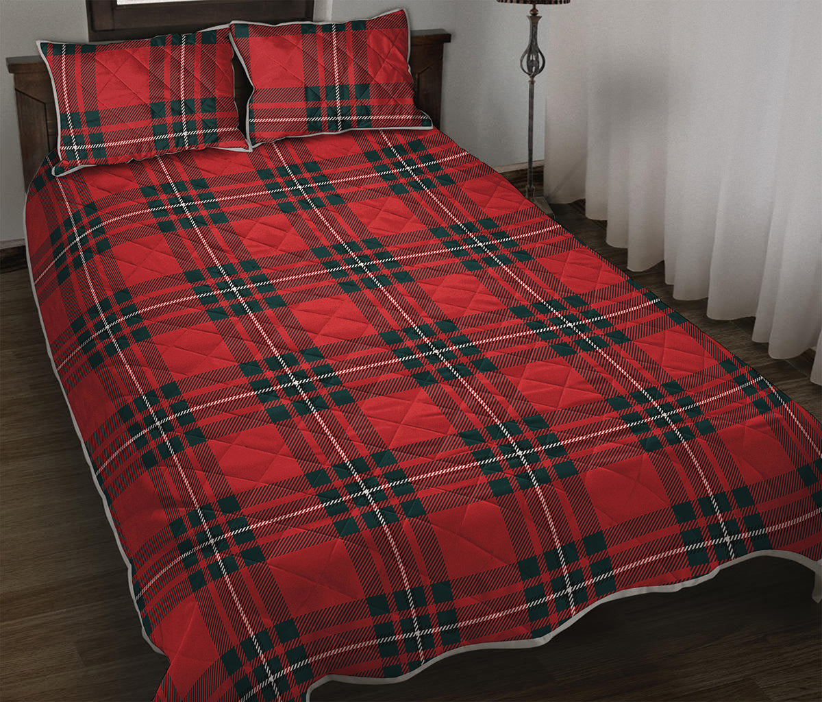 Red Scottish Tartan Pattern Print Quilt Bed Set
