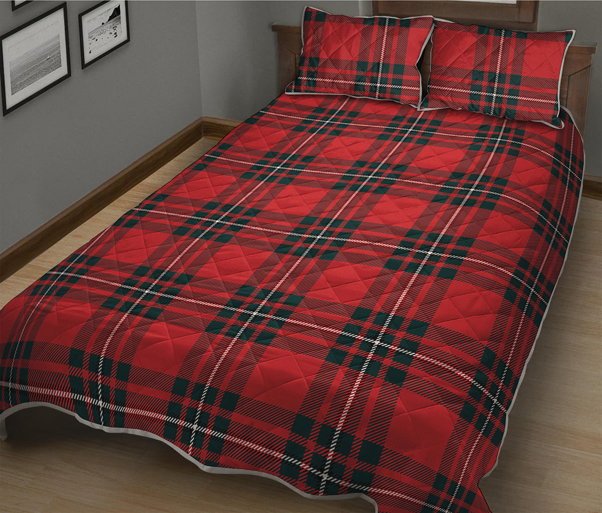 Red Scottish Tartan Pattern Print Quilt Bed Set
