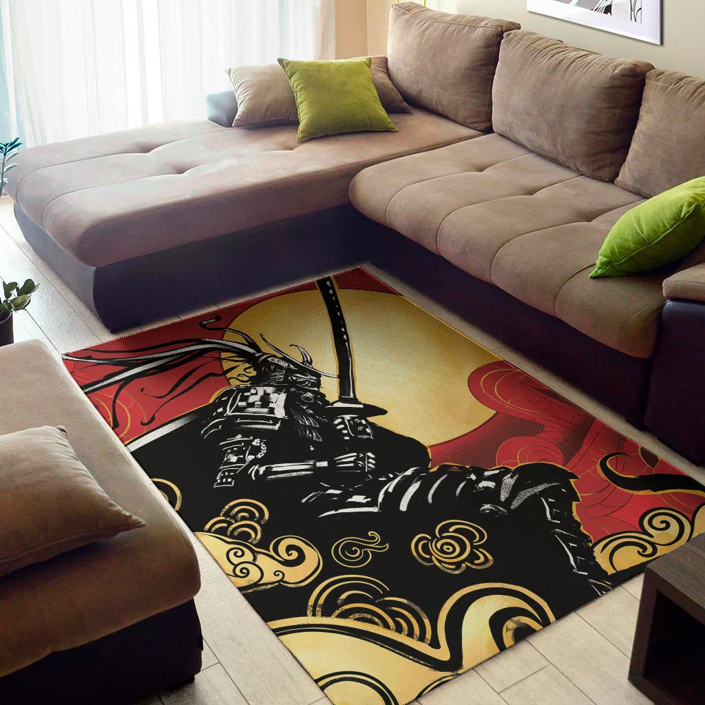 Red Sky And Golden Sun Samurai Print Area Rug