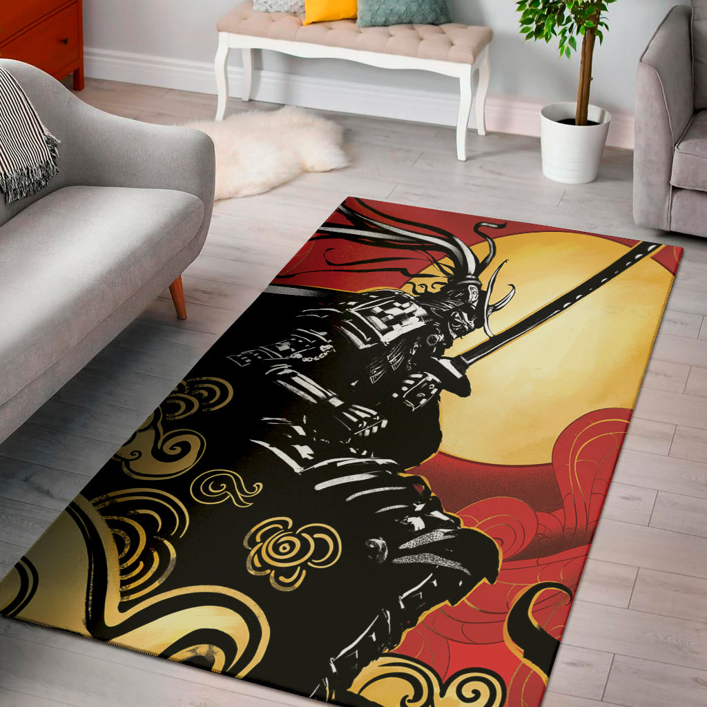 Red Sky And Golden Sun Samurai Print Area Rug