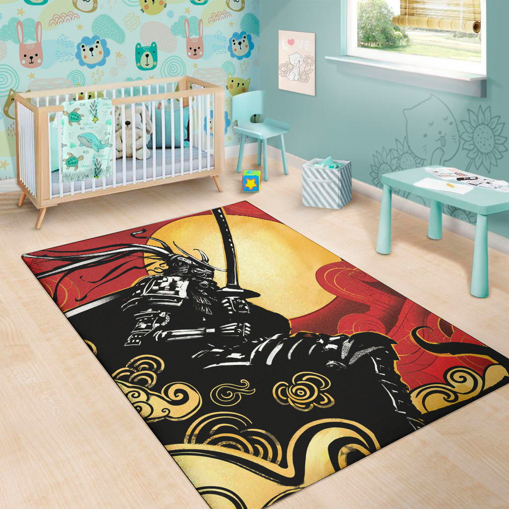 Red Sky And Golden Sun Samurai Print Area Rug