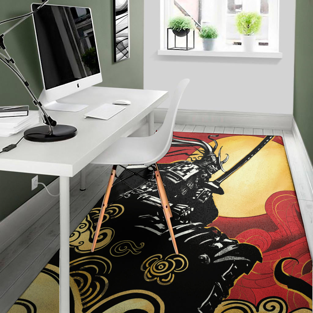 Red Sky And Golden Sun Samurai Print Area Rug