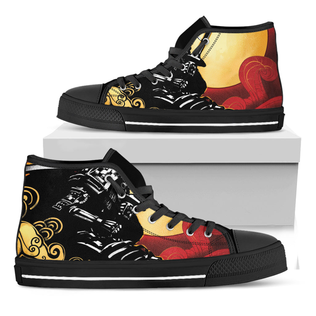 Red Sky And Golden Sun Samurai Print Black High Top Shoes