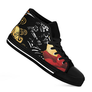 Red Sky And Golden Sun Samurai Print Black High Top Shoes