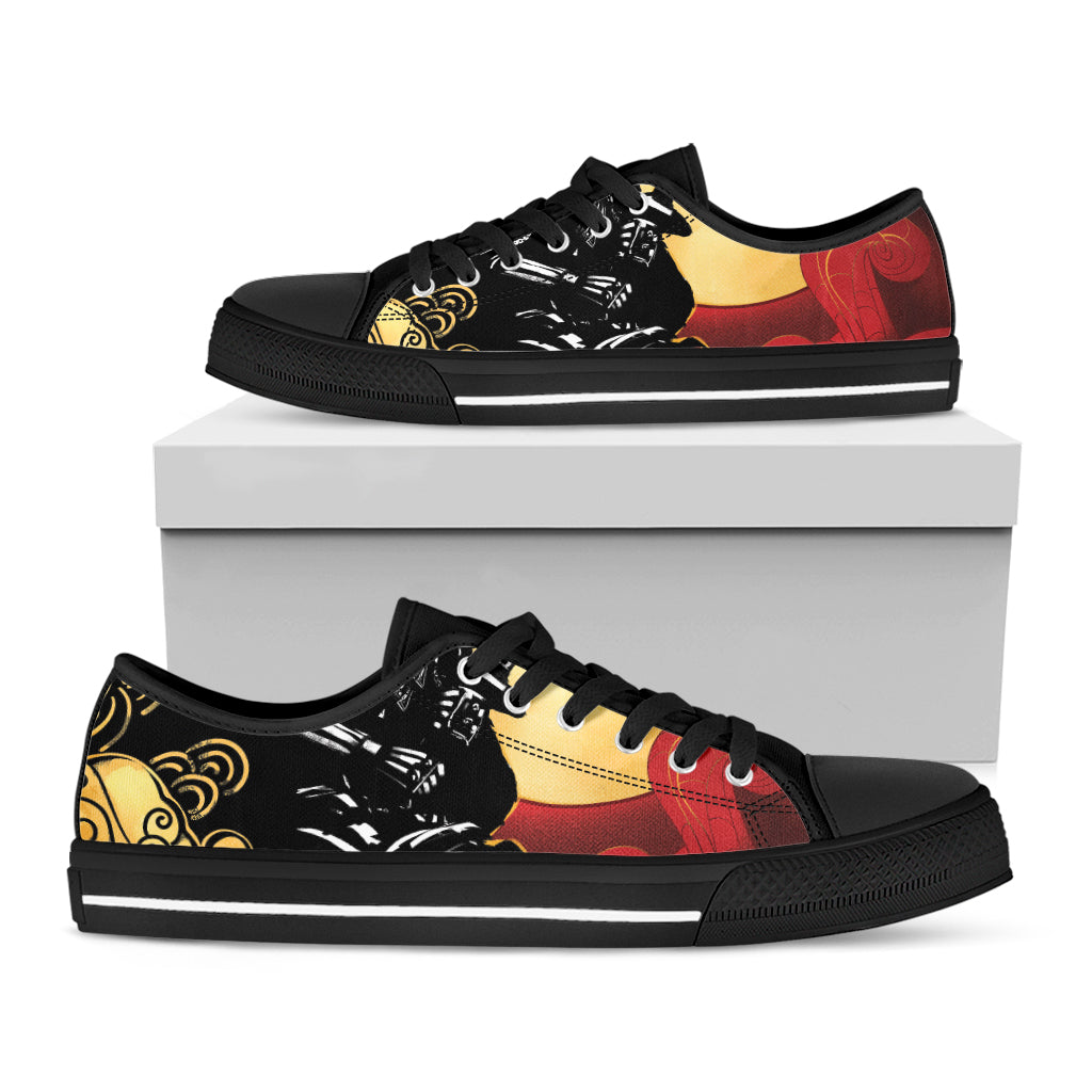 Red Sky And Golden Sun Samurai Print Black Low Top Shoes